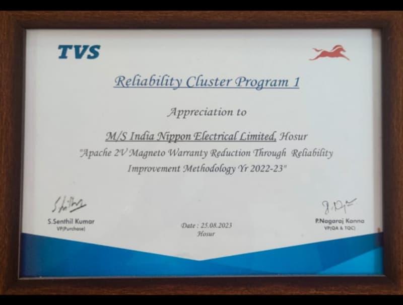Reliability Cluster Program 1 Appreciation Award by TVS